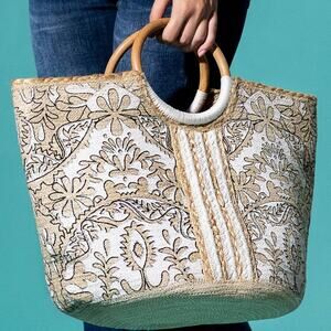 Ruggine Myth Floral Printed Woven Jute Tote Shopper Bag